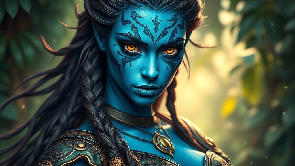 Fantasy Warrior With Blue Skin and Golden Eyes