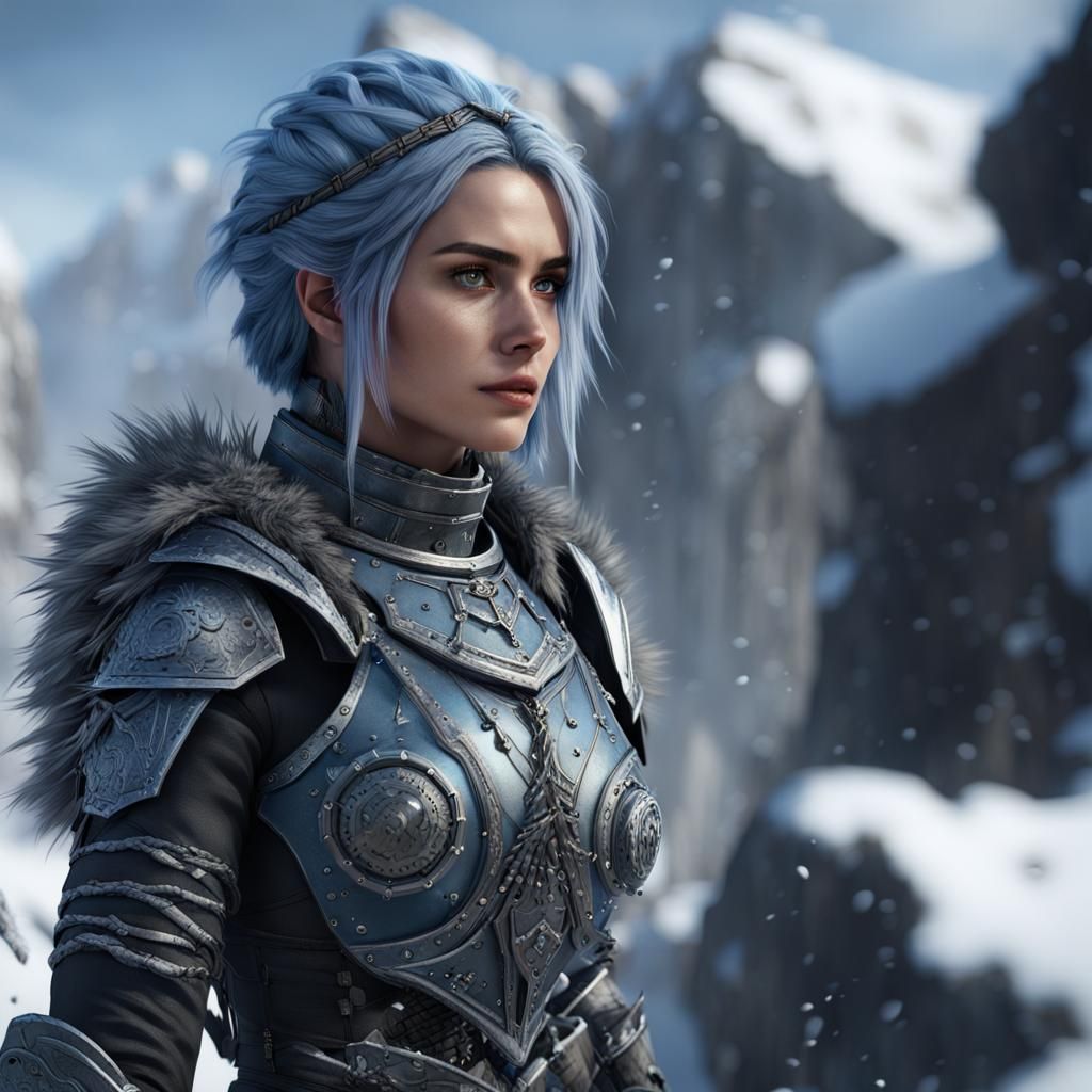 Armored Woman in Snow, Detailed Matte Painting