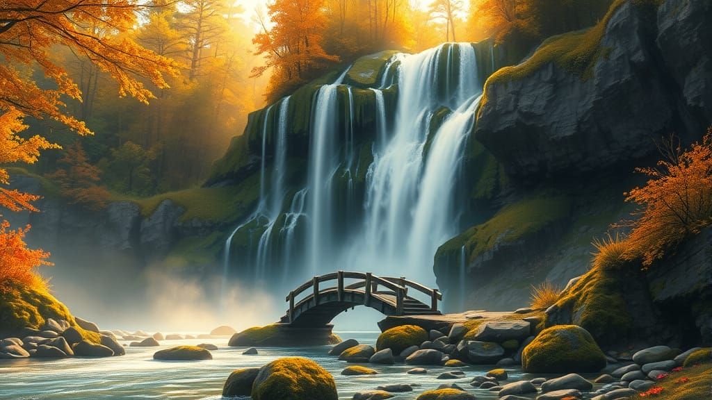 Majestic Waterfall in Autumn Forest, Realistic Landscape Ill...