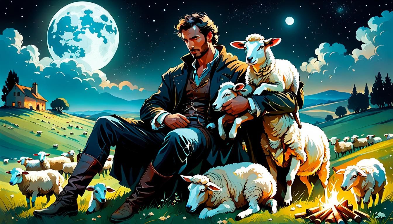 Shepherd with Sheep in Bioluminescent Cosmic Night