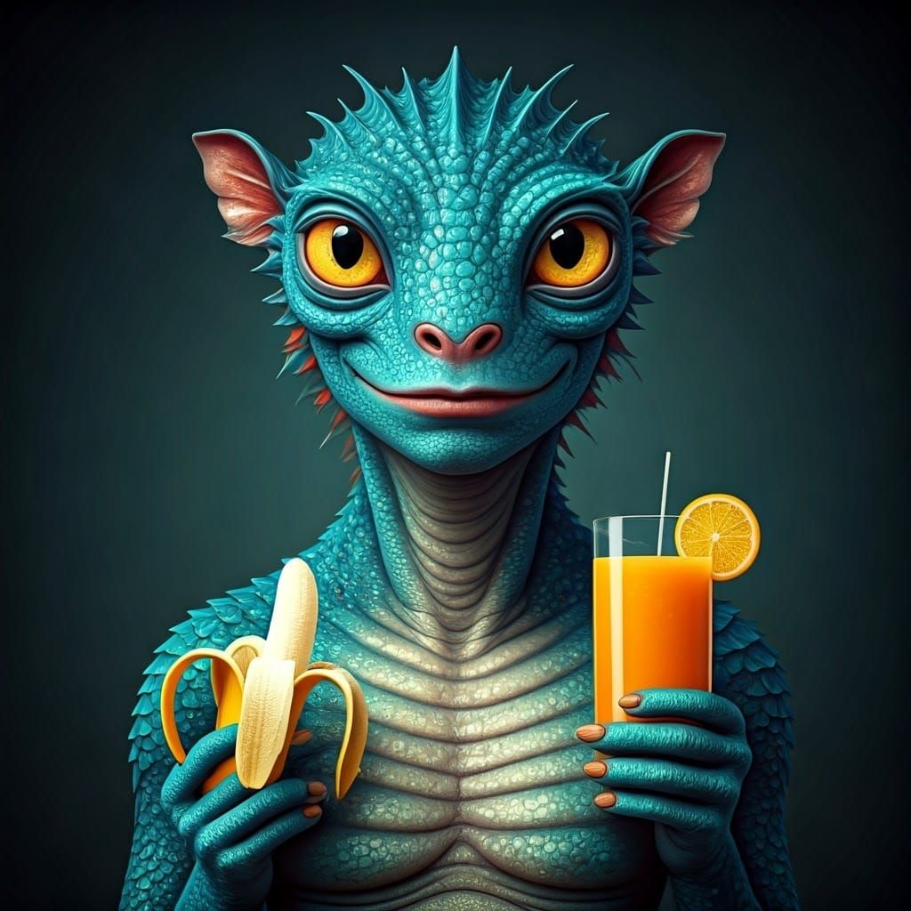 Whimsical Futuristic Alien Enjoying Fresh Fruit