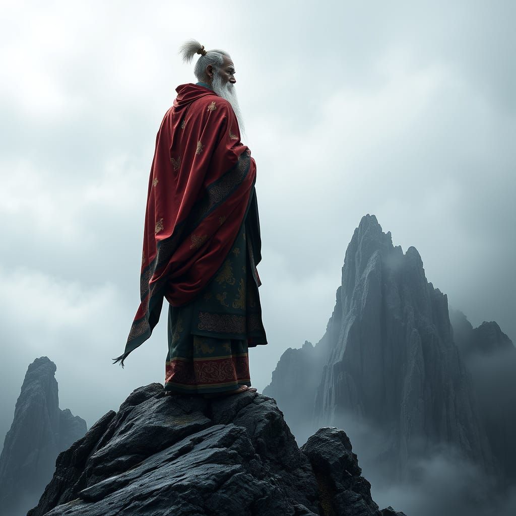 Mystical Sage Contemplates Fate on Mountain Peak