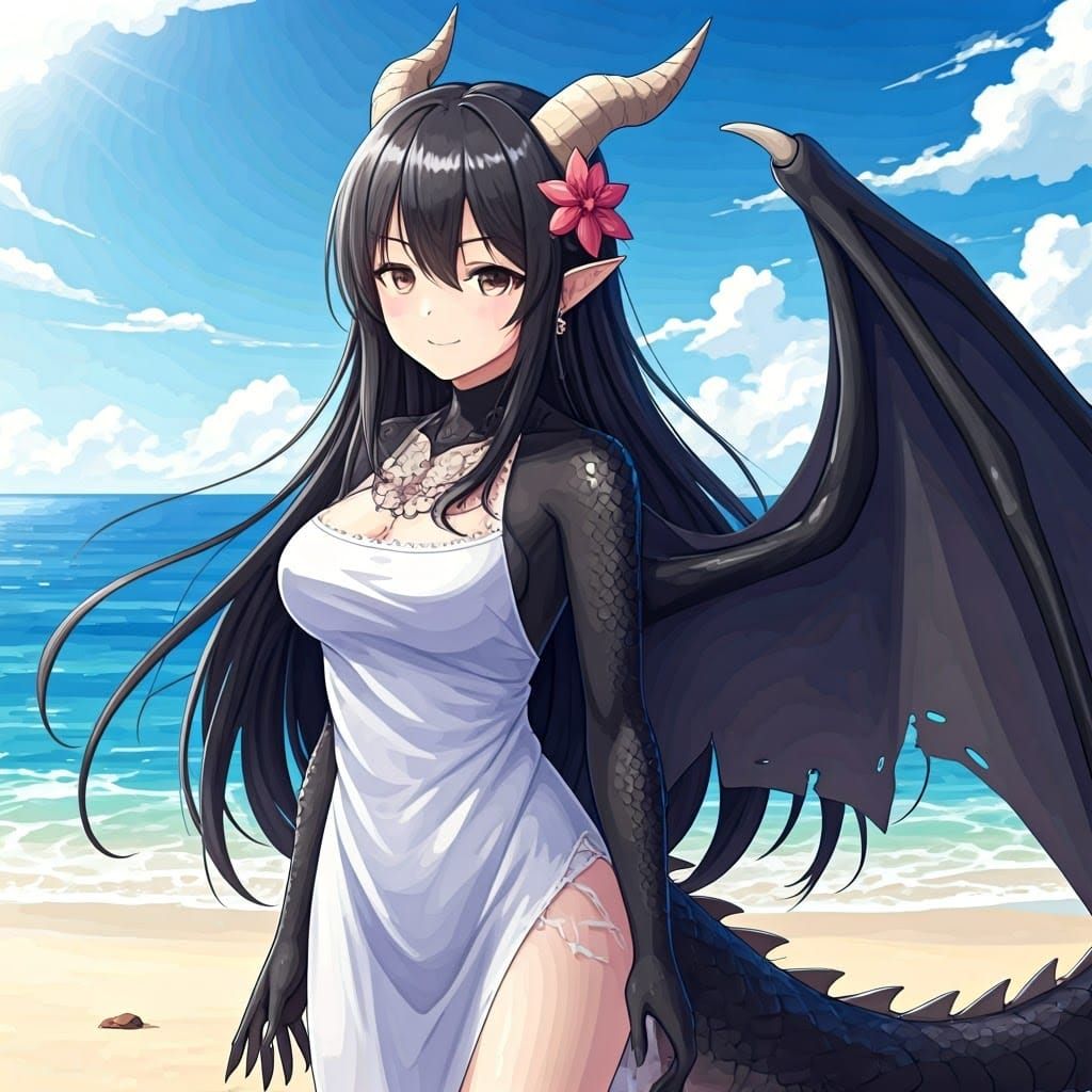 Dragon Woman on Beach in Anime Style