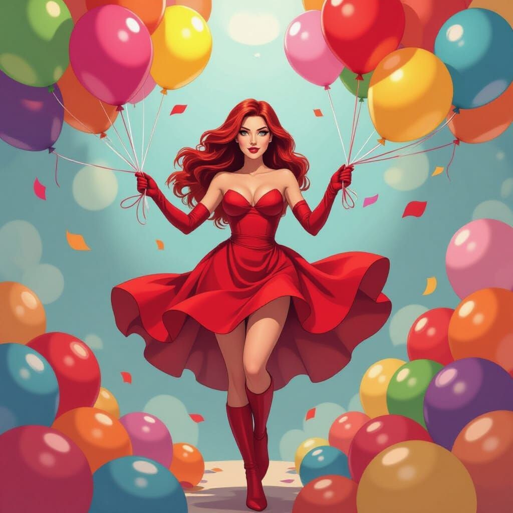 Scarlet Witch with Colorful Party Balloons in Digital Art