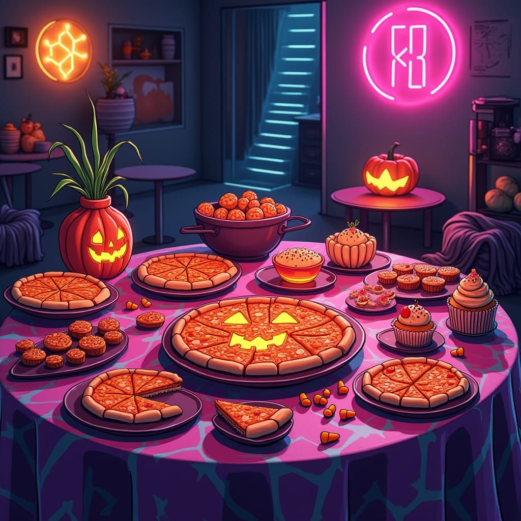 Synthwave Cartoon Halloween Snacks in Neon Light
