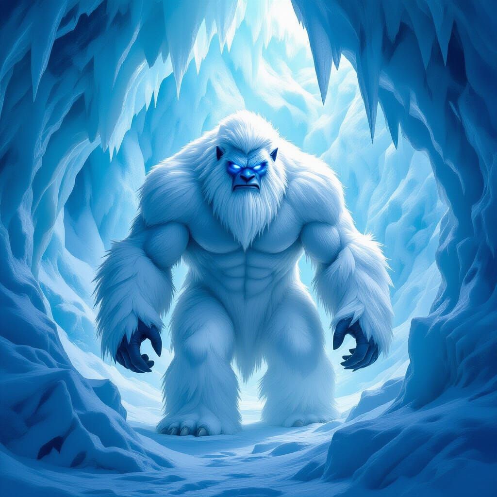 Majestic Snow Yeti in Luminescent Ice Cave