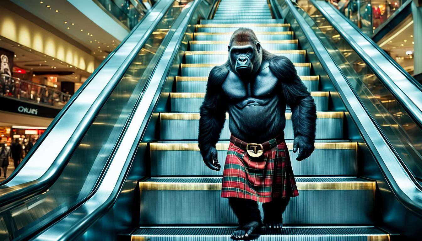 Gorilla in Kilt Rides Escalator: Digital Art