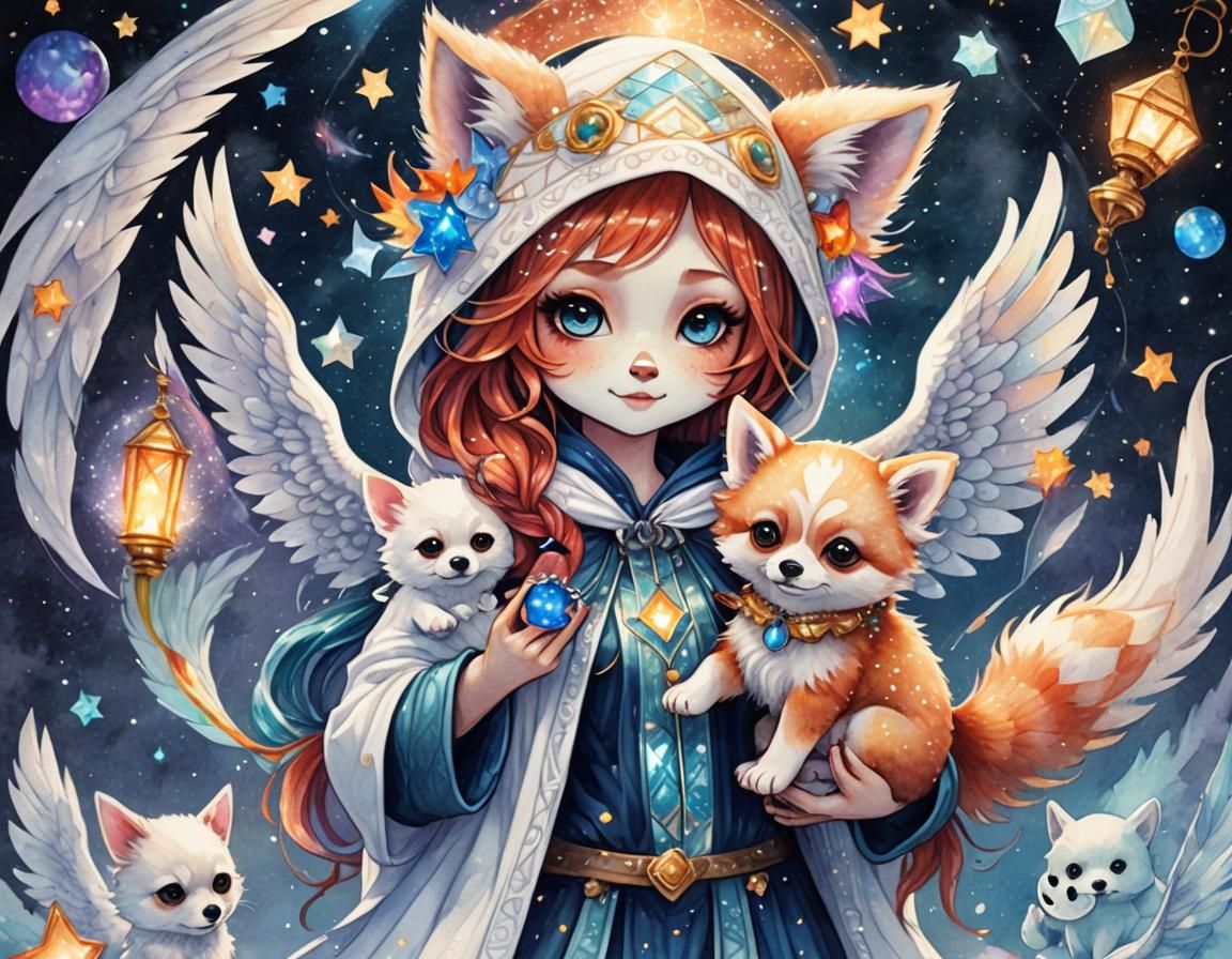 Psychedelic Red Panda Angel on Lion, Watercolor Style