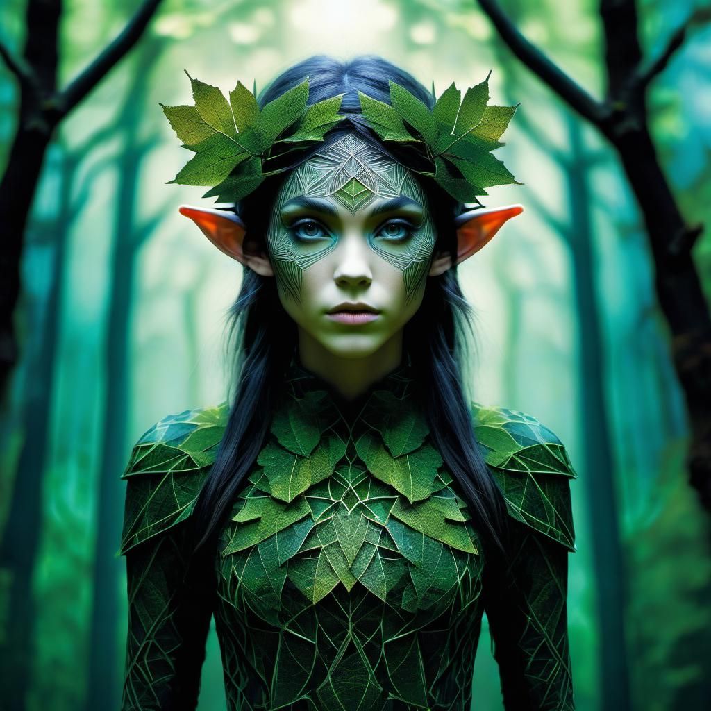 Mysterious Forest Elf Silhouette with Geometric Patterns