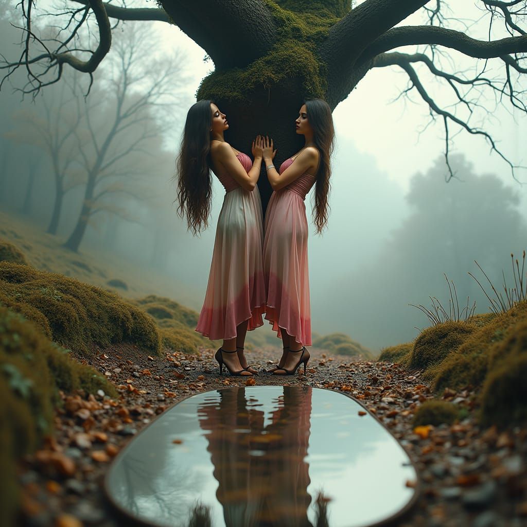 Ethereal Surrealist Dreamscape: Women Entwined with Upside-D...