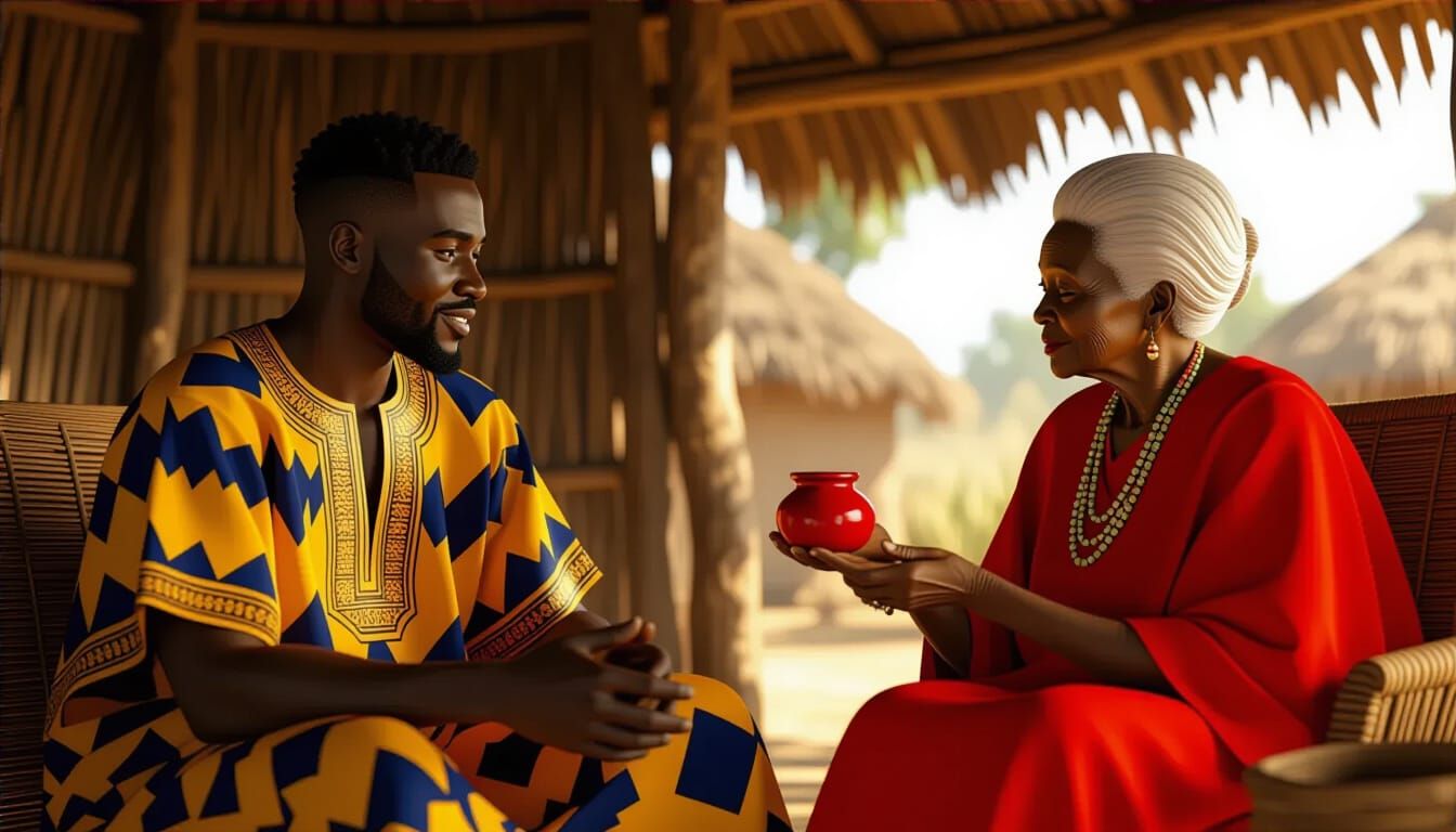 African Couple in Ankara Chatting in Rustic Hut