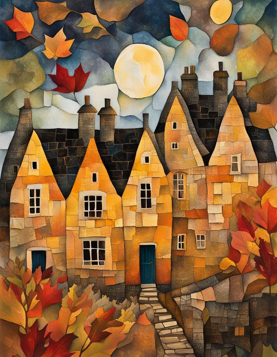 Mystical Autumn Evening in Cotswolds, Mixed Media Collage