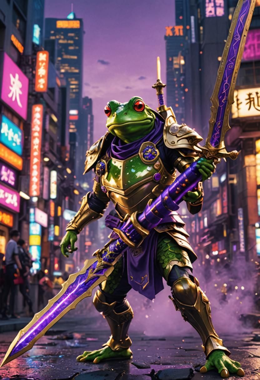 Frog Warrior in Neon Cityscape: Anime Illustration