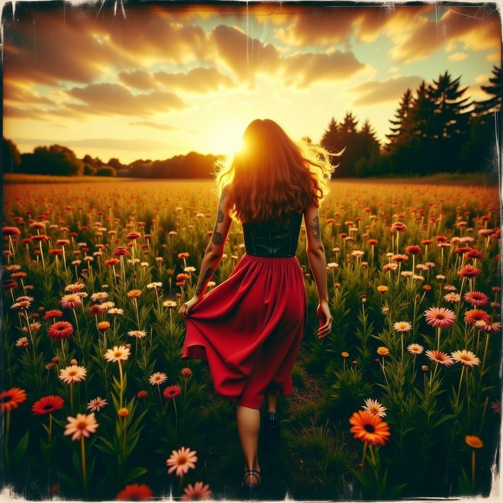 Woman Running in Wildflower Field at Sunset: Grunge Style
