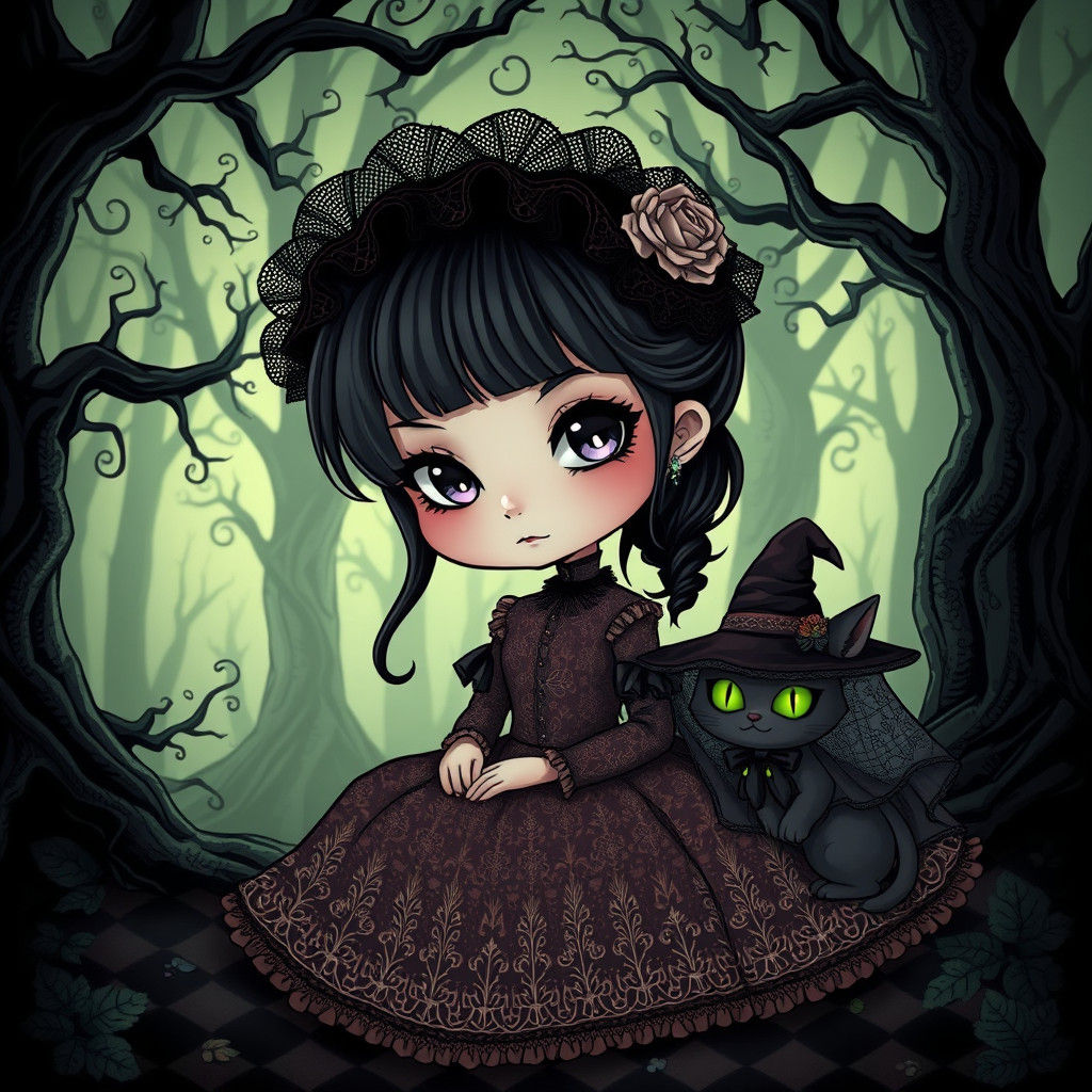 Gothic Chibi Girl in Mystical Forest with Cat