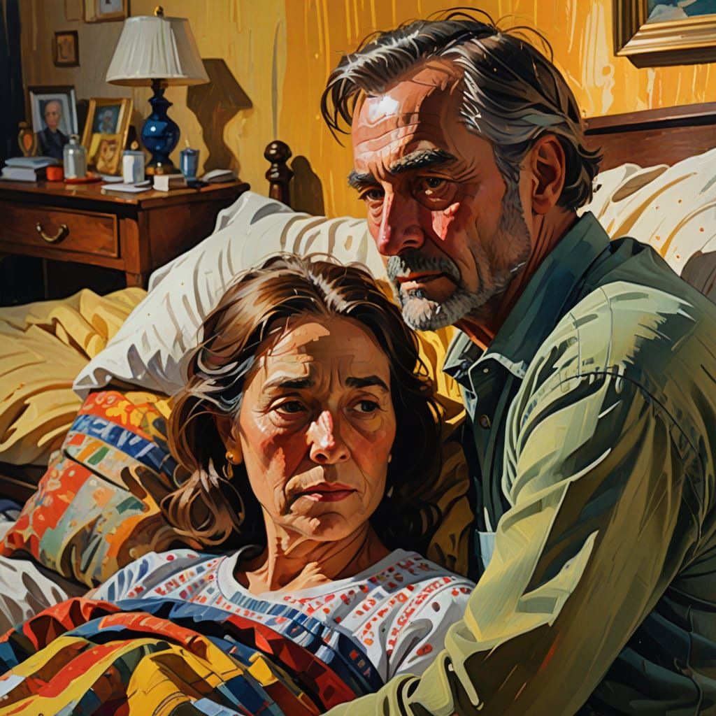 Emotional Gouache Painting of Husband and Ill Wife