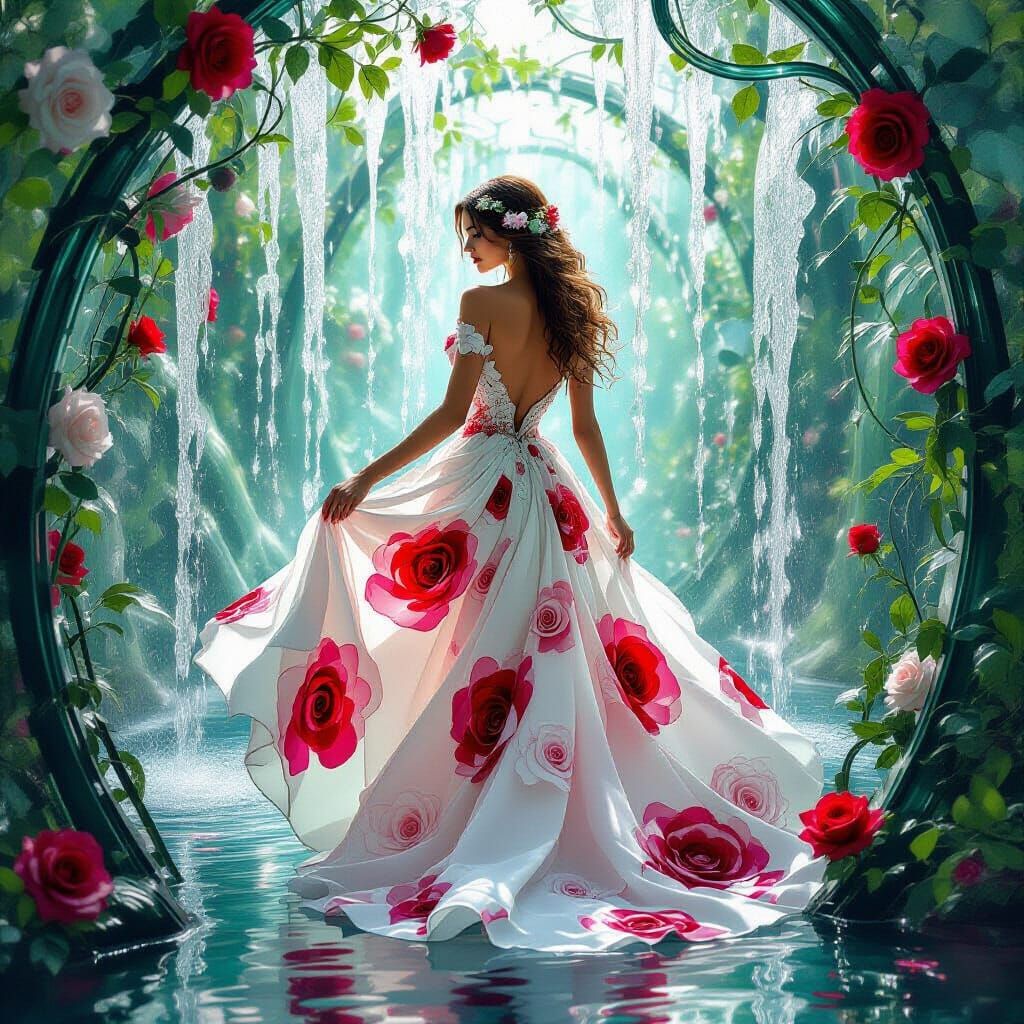 Woman in Rose Dress Amidst Glass Waterfalls and Vines