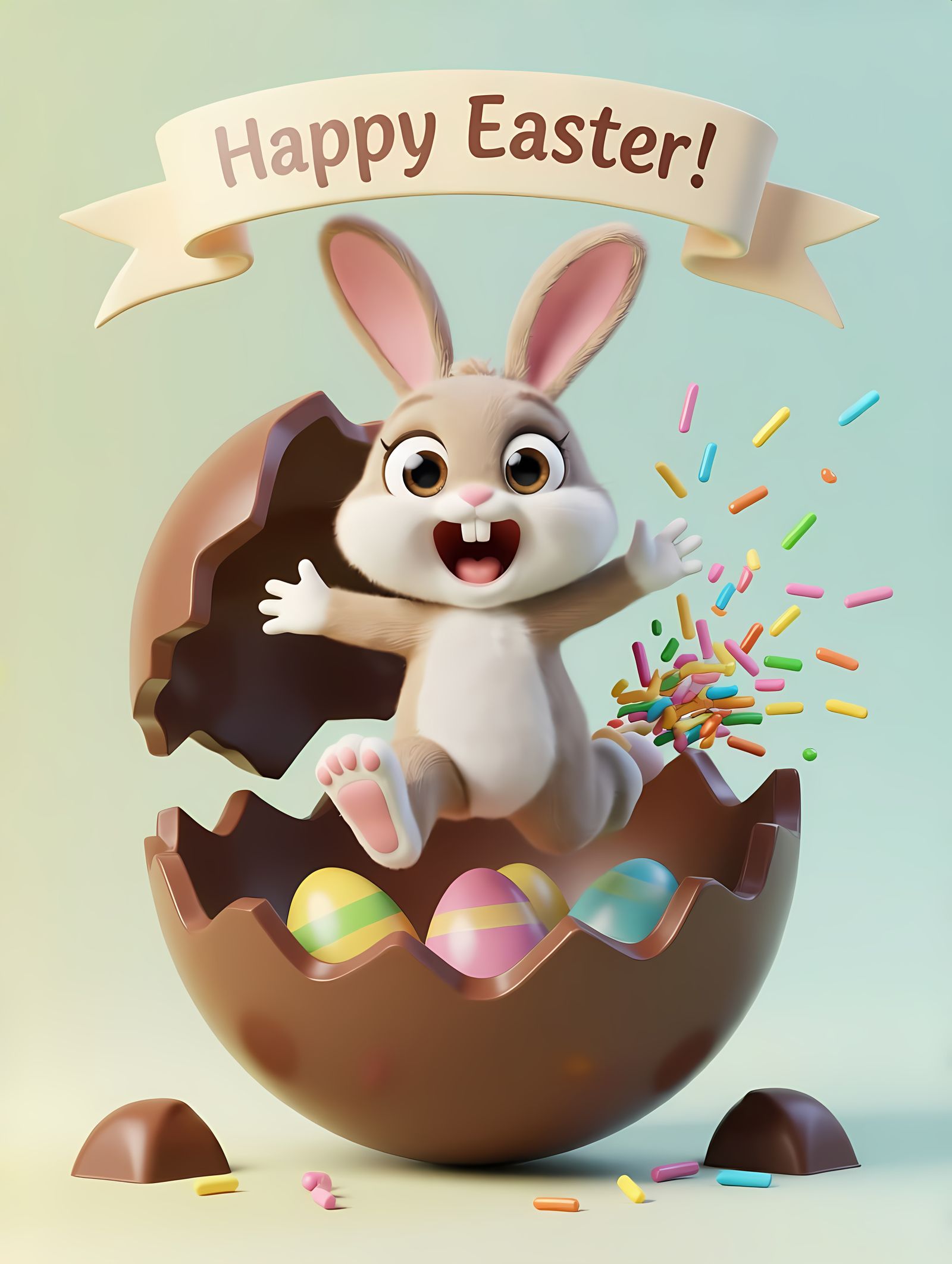 Easter Bunny Leaps from Chocolate Egg in Joyful 3D Celebrati...