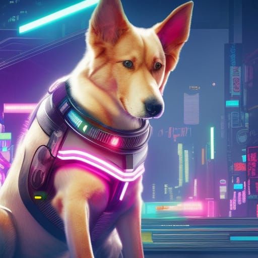 Cyberpunk Gamer Dog with Neon Backdrop in 8K