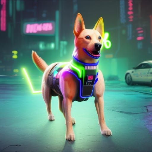 Hyperrealistic Gamer Dog in Cyberpunk Neon Scene