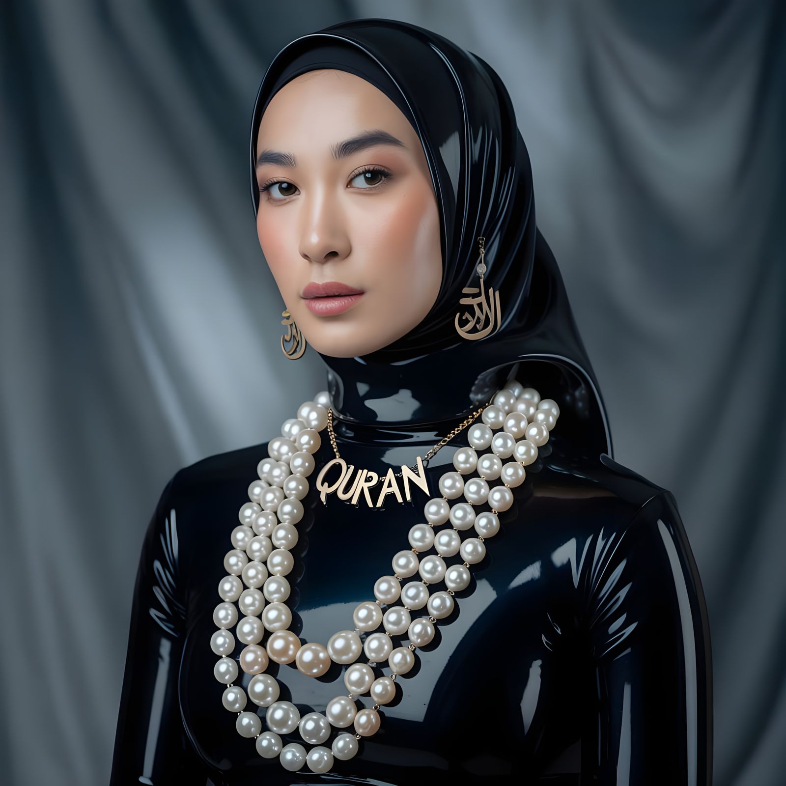 Elegant Asian Woman in Latex Hijab with Pearl Chain