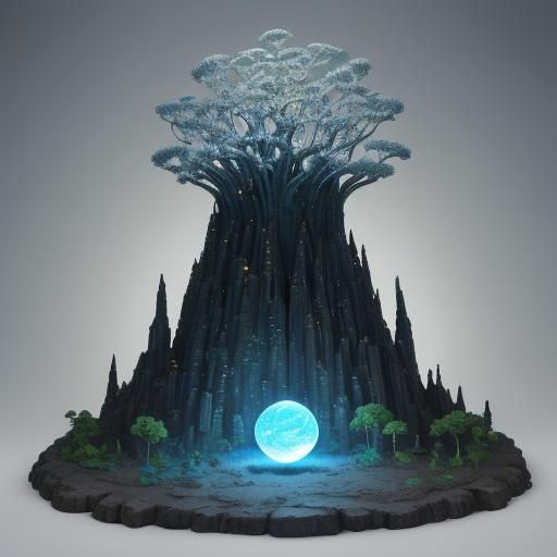 Ancient Glowing Obsidian Monolith with Ethereal Orb