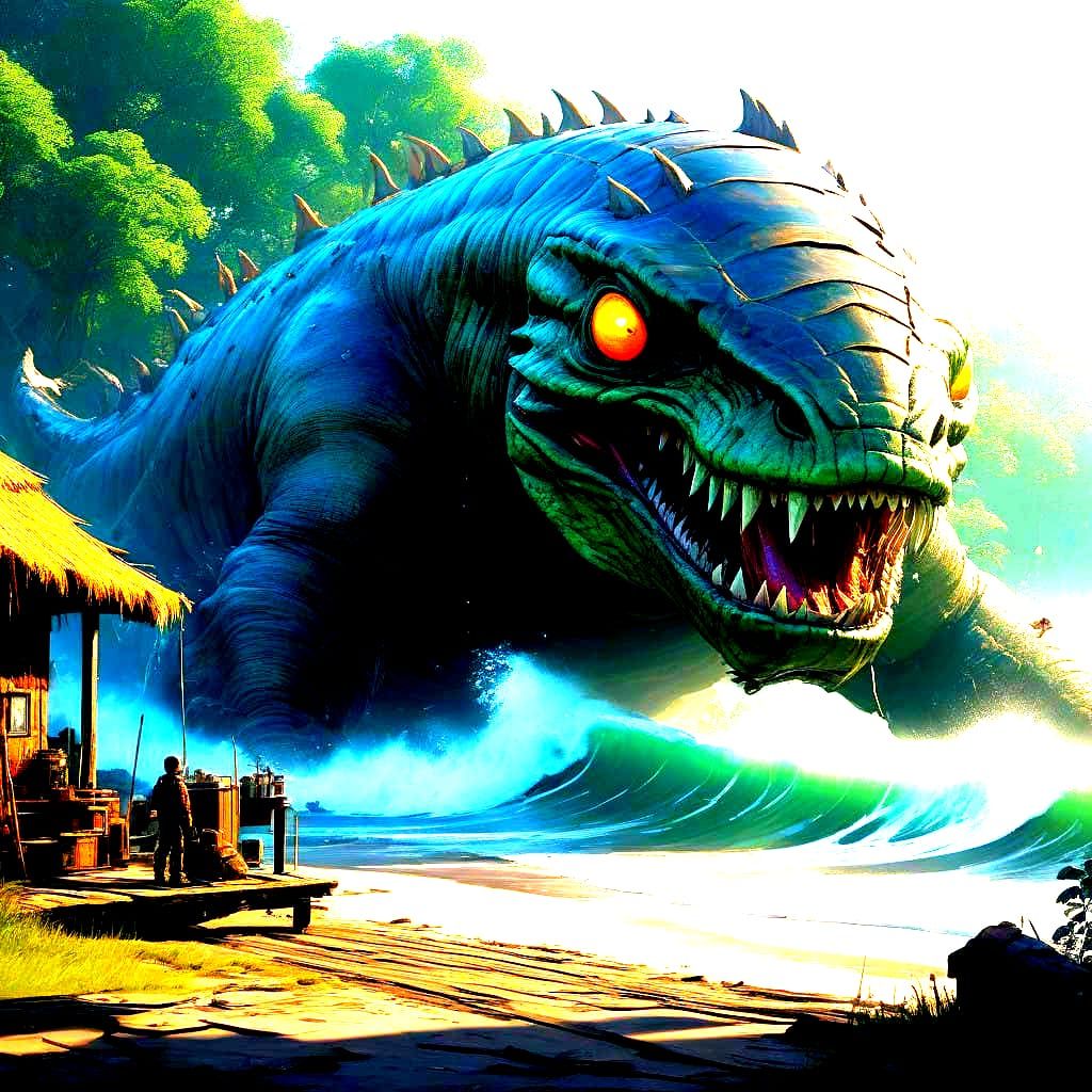 Fantastical Sea Monster Invades a Human Village in Vibrant D...
