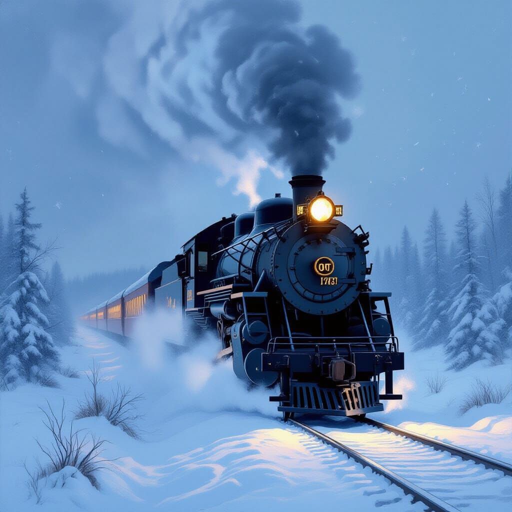 Majestic Steam Train in Winter Blizzard Oil Painting