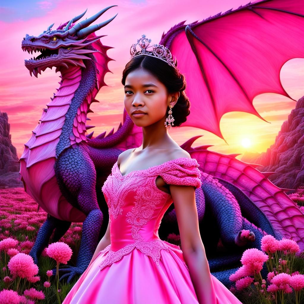 Pink Princess and Dragon in Pink Landscape