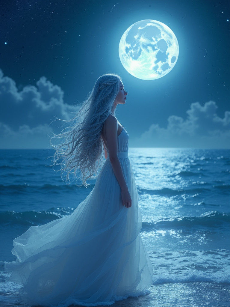 Serene Woman Gazing at Moon in 3D Anime Style