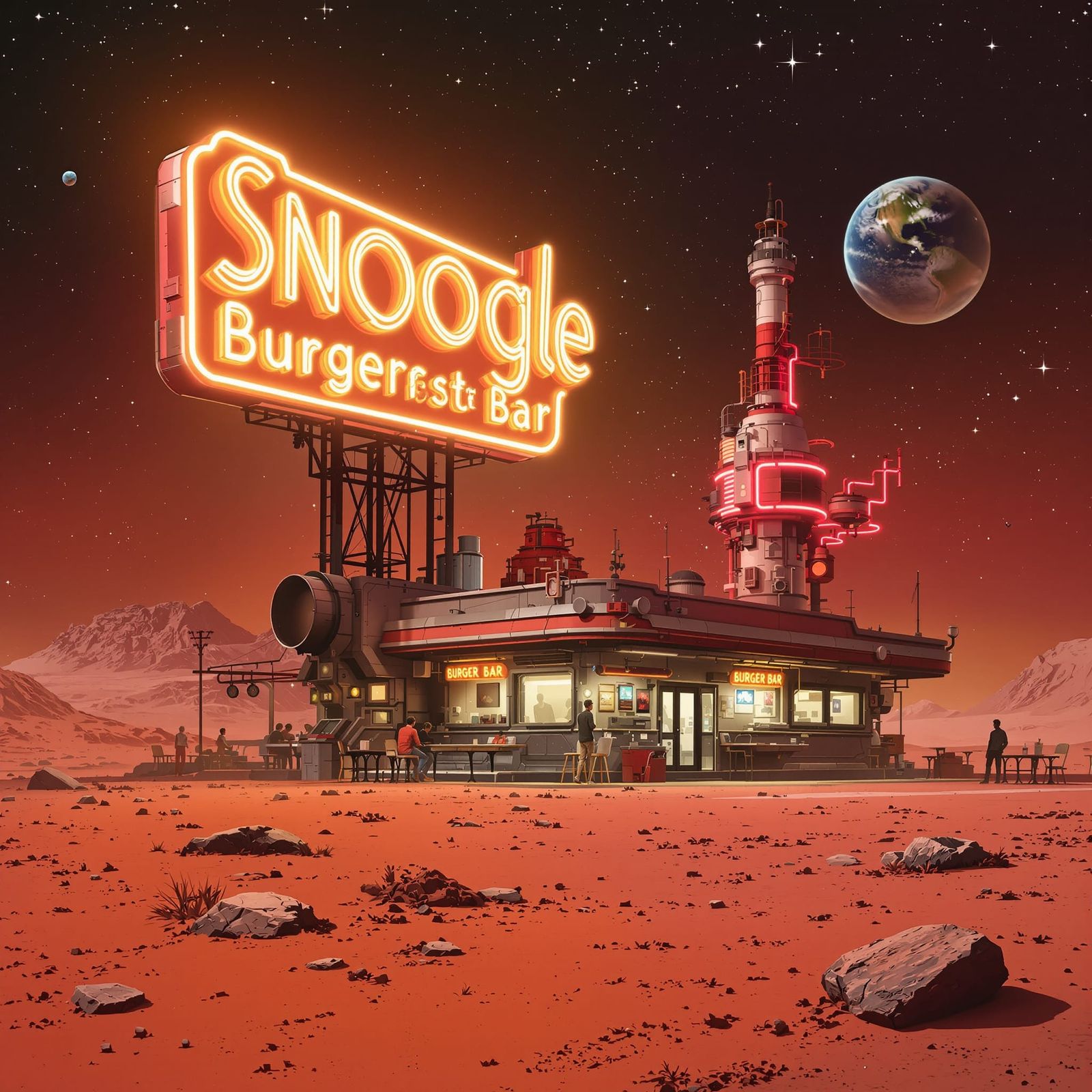 Retro-Futuristic Snoogle Burger Bar on Mars