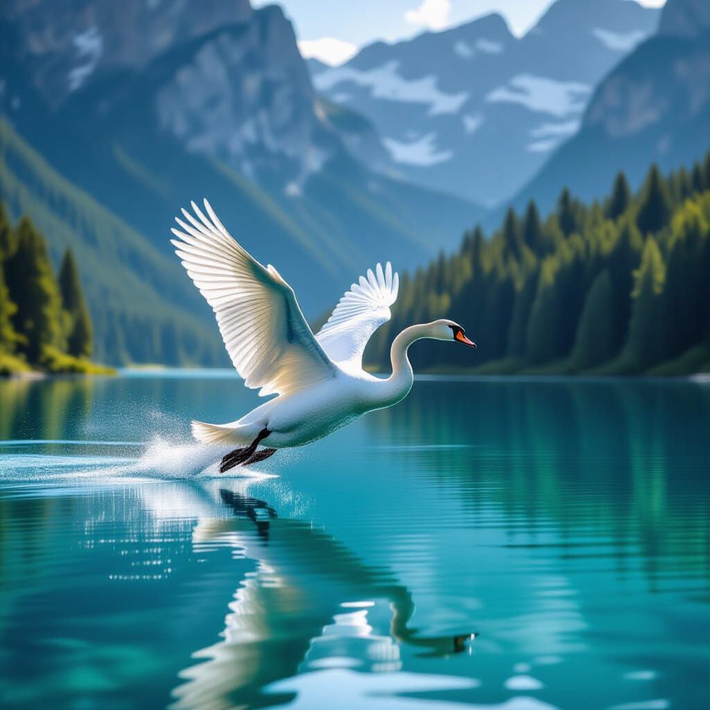 Majestic Swan Soars Over Serene Alpine Lake