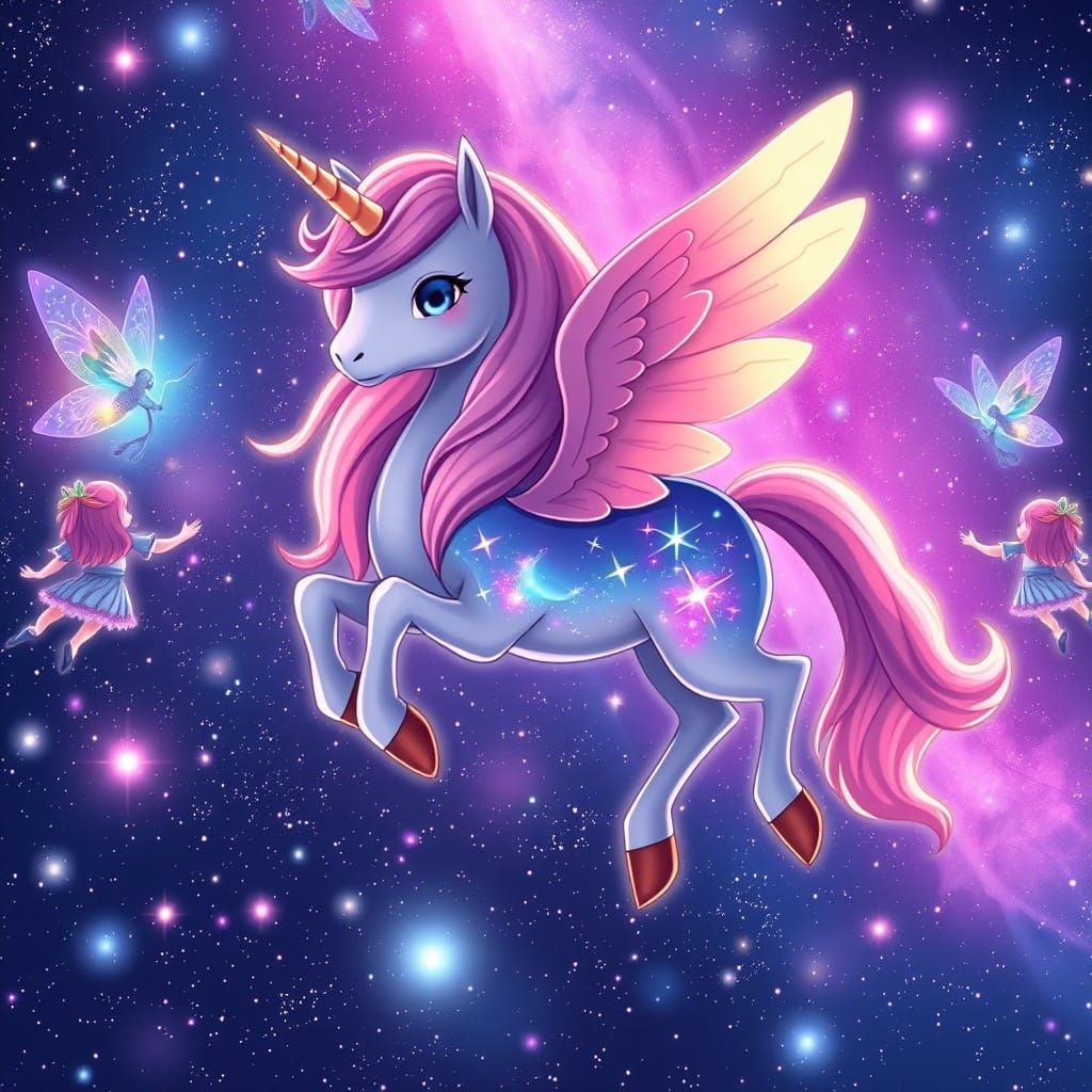 Whimsical Galaxy Pegasus Dancer with Vibrant Wings and Horn