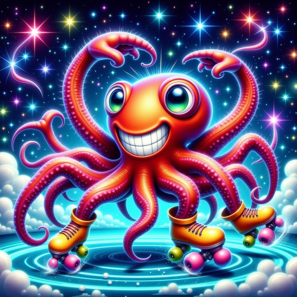 Whimsical Zodiac Roller Skating Octopus-Spider