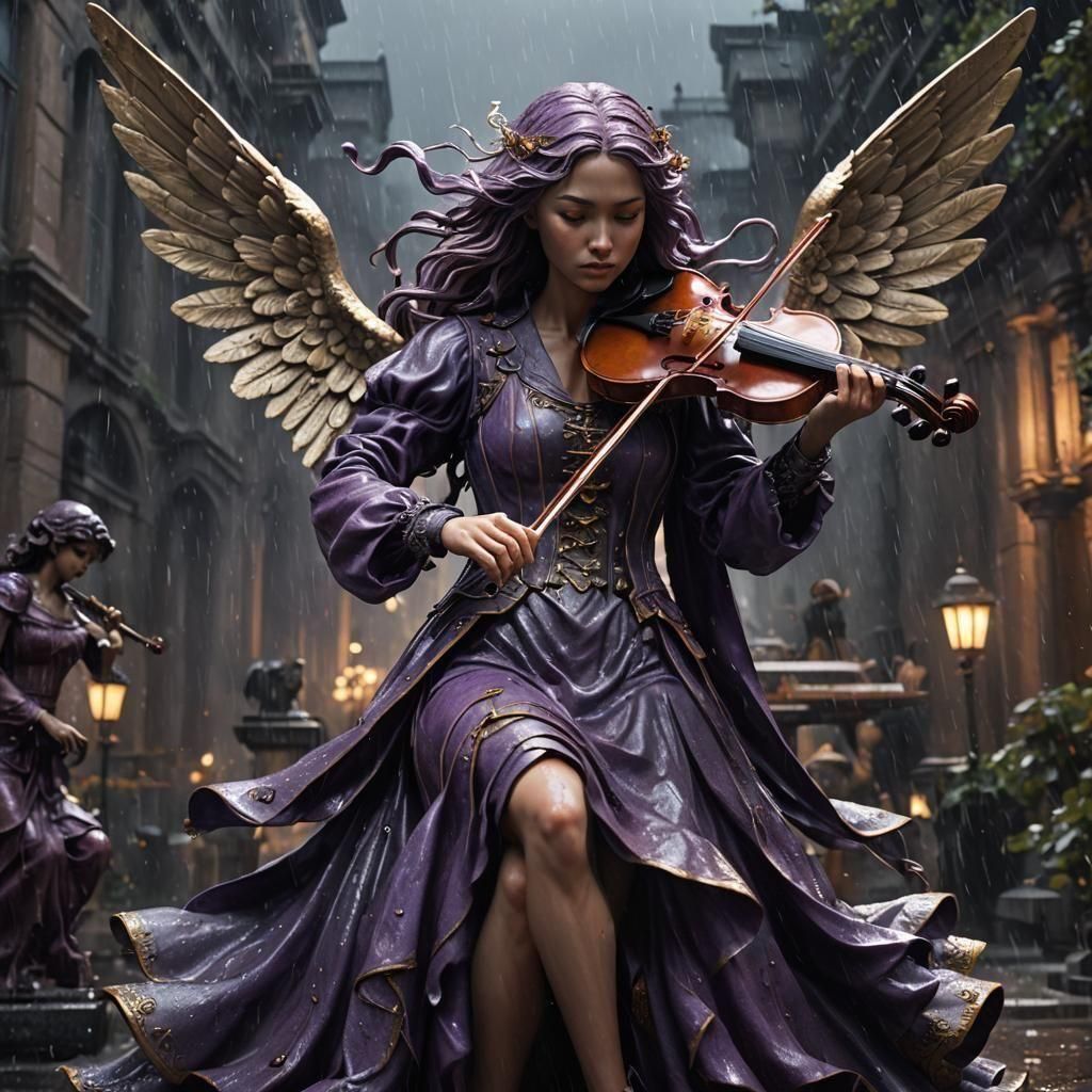 epic dark woman angel sculpture playing the violin