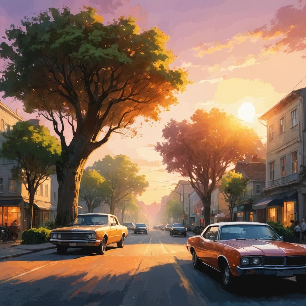 Picturesque Sunset Street Scene with Classic Cars