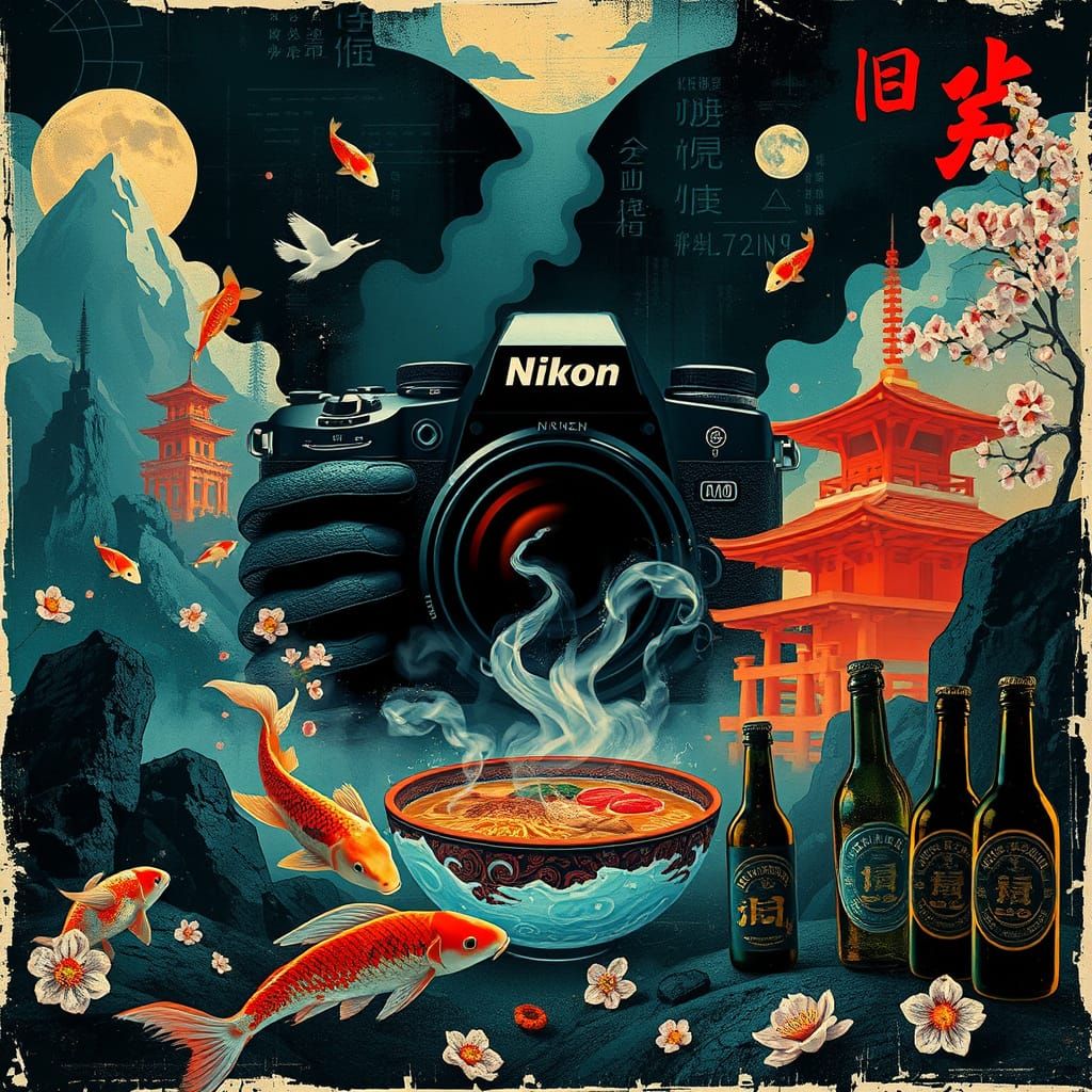 Nikon Camera in Japanese Dreamscape as Vintage Poster