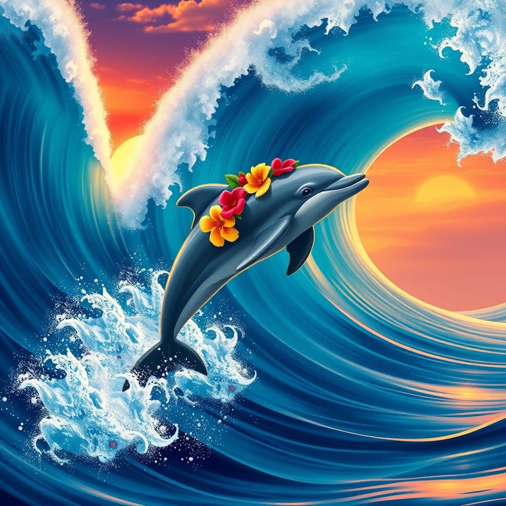 Dolphin Riding a Sunset Wave in Vibrant Colors