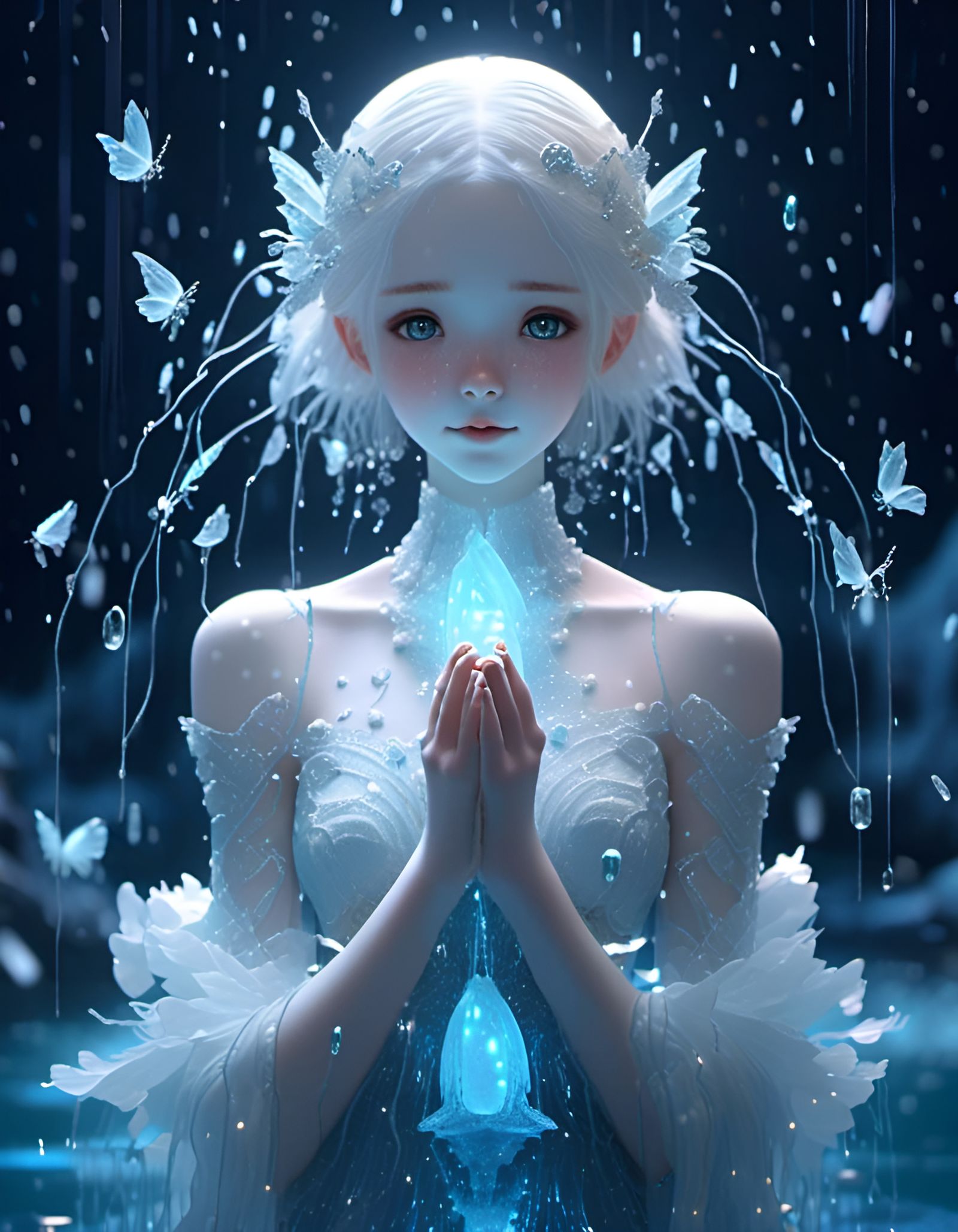 Cute Girl Hugging Sylph in Bioluminescent Grotto