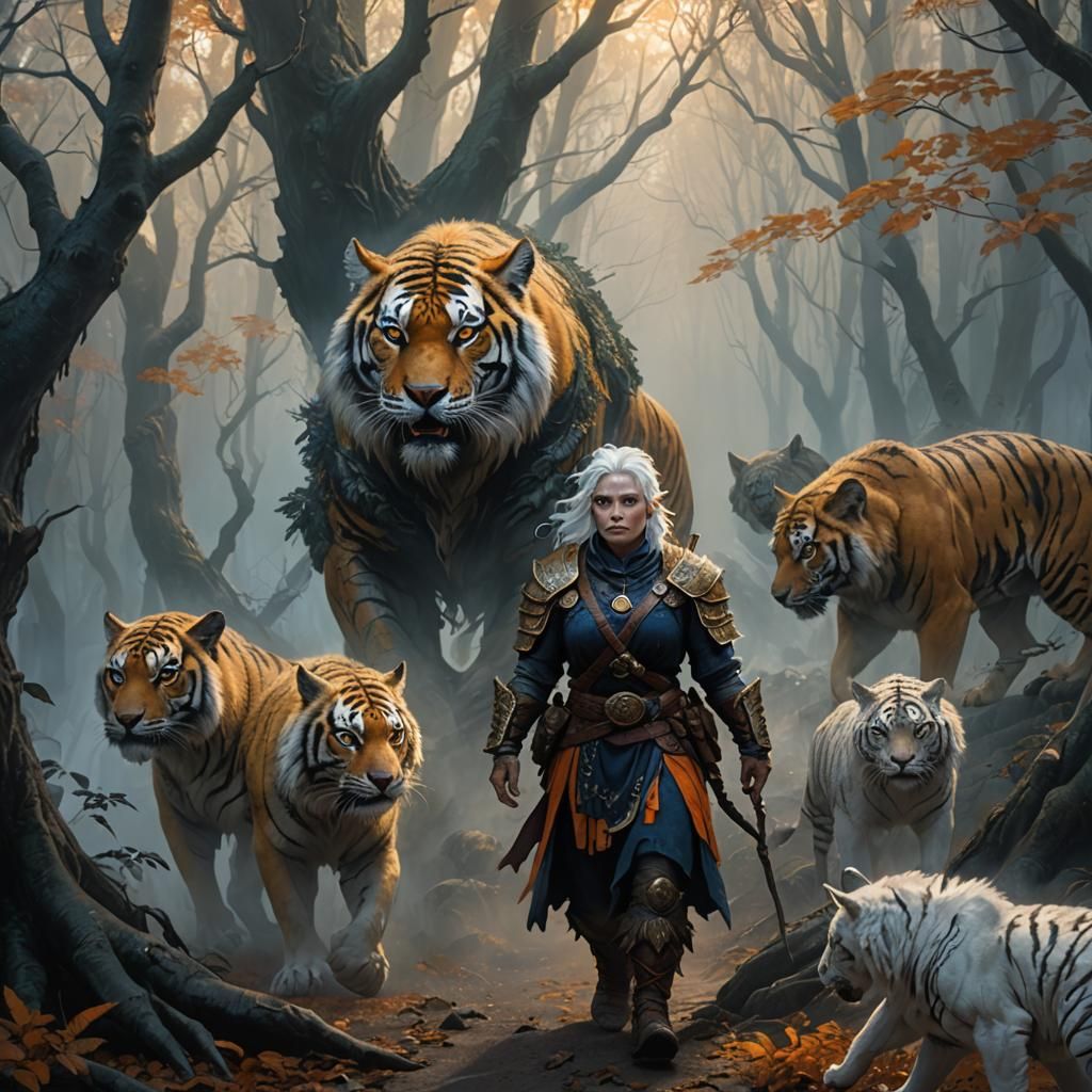 Dwarf Scofflaw in Misty Forest with Wolves