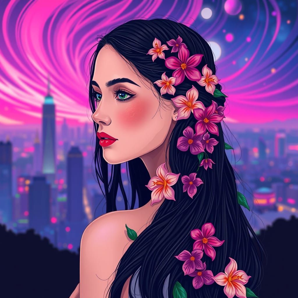 Neon Beauty with Floral Hair: A Digital Portrait