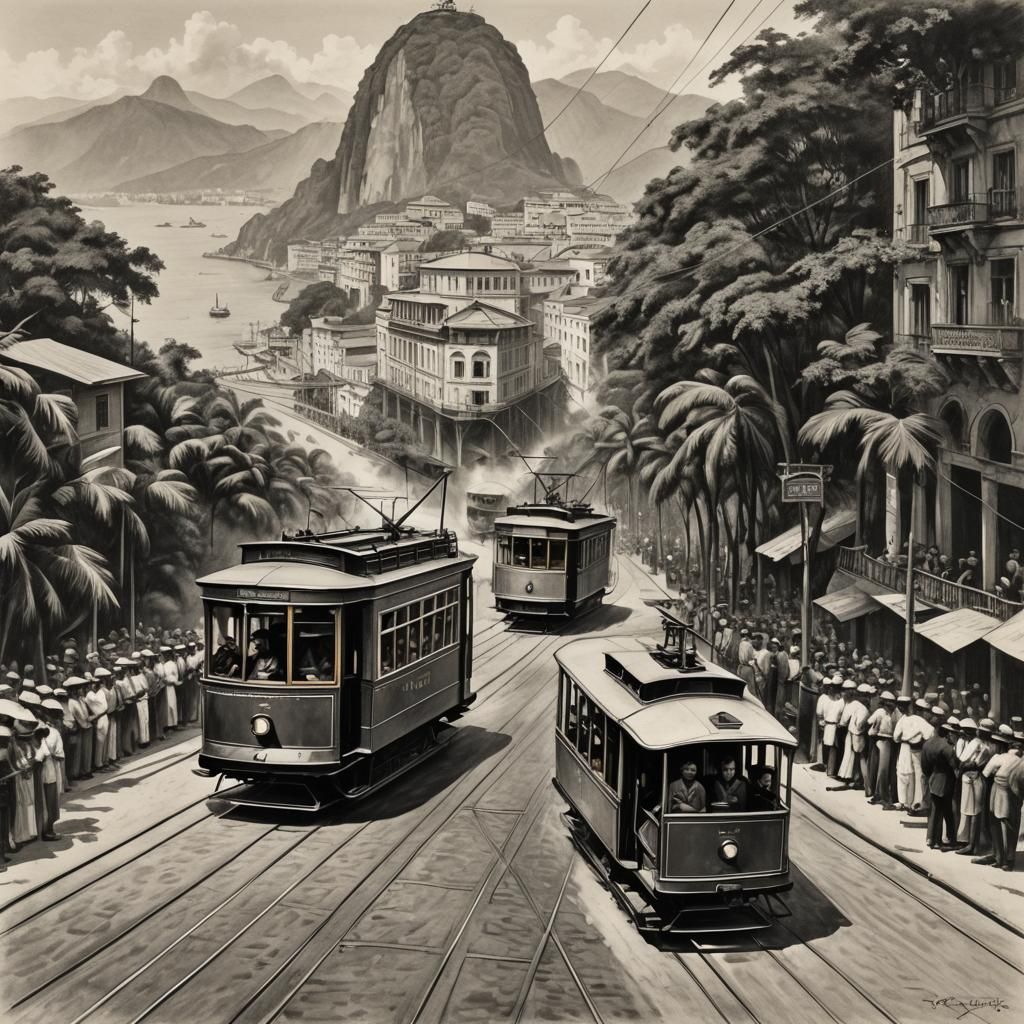 Electric Tram Race in Rio de Janeiro, Charcoal Drawing