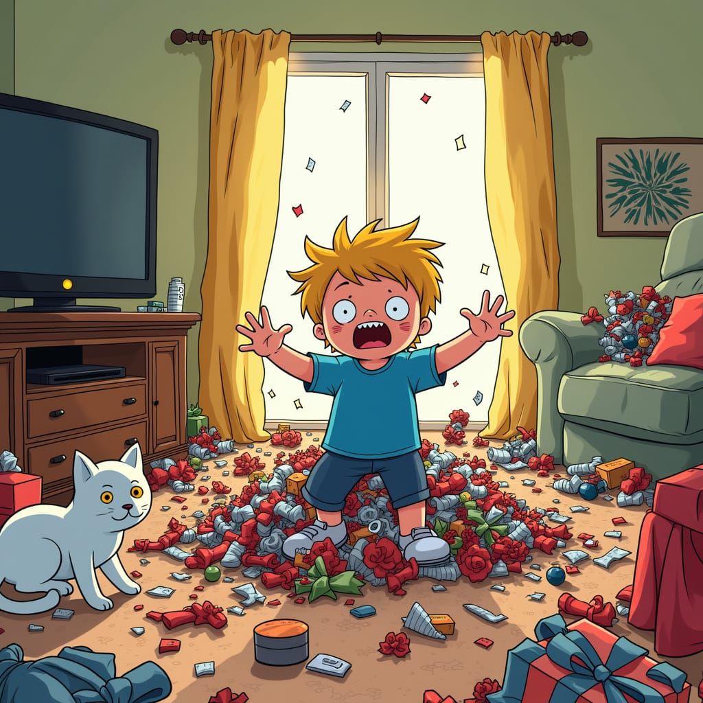 Cartoon Chaos: Child Emerges From Wrapping Paper Sea