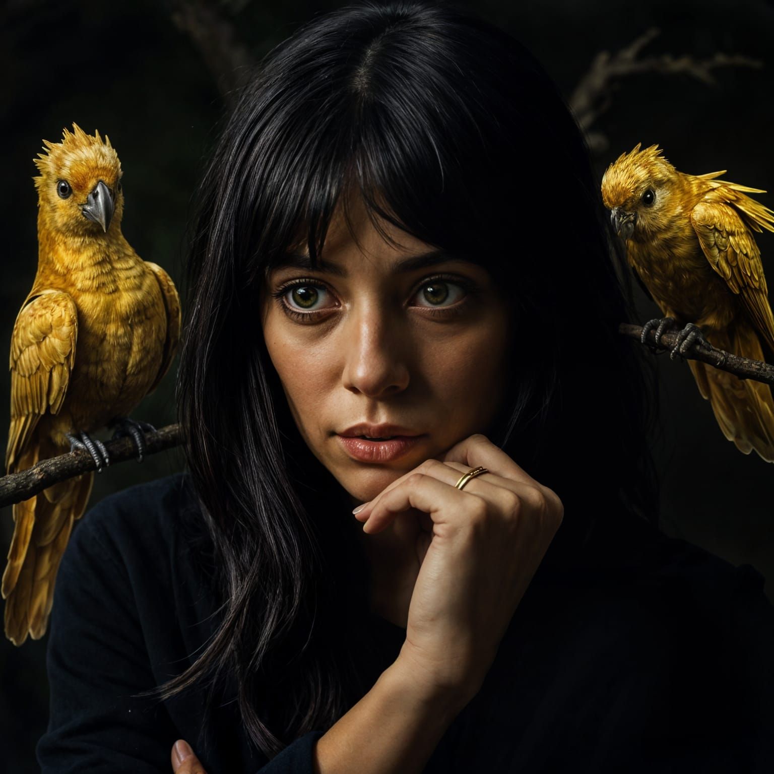 Brooding Woman with Spirit Birds in Golden Light