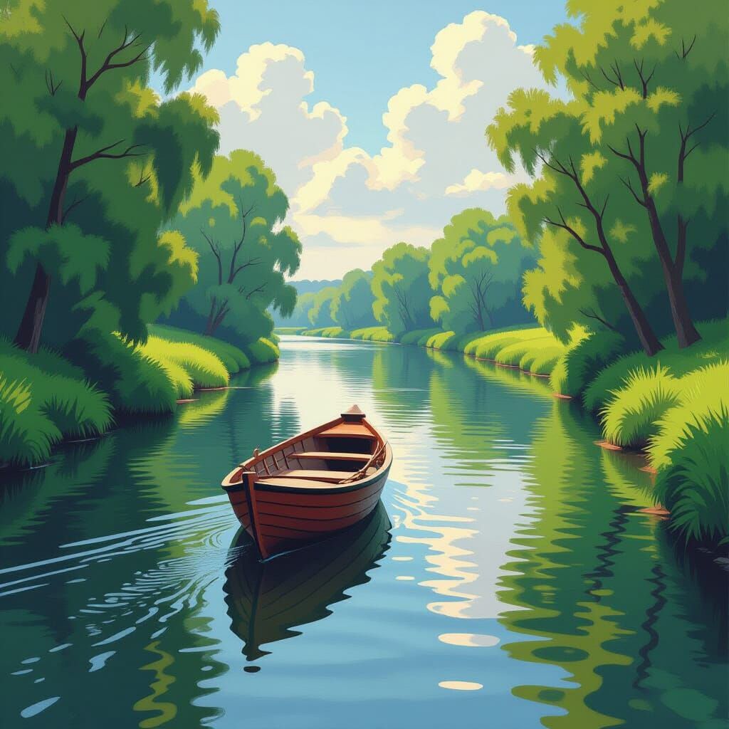 Serene Boat on Winding River in Lush Landscape