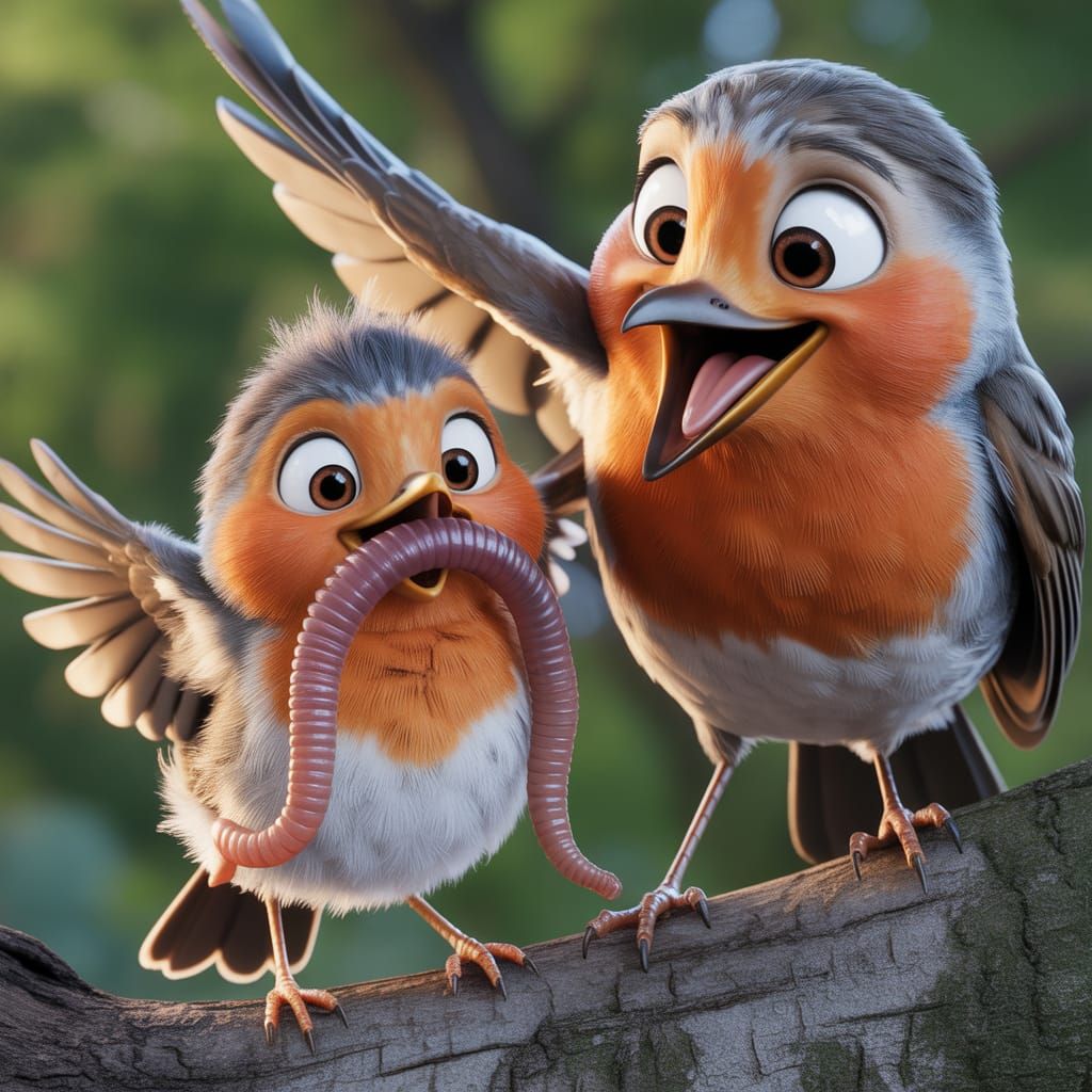 Proud Robin Parent and Baby with Worm: Pixar Style