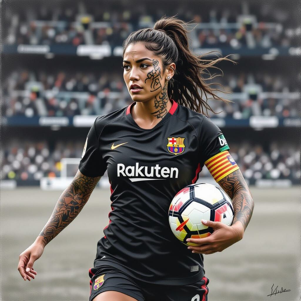 Maori Soccer Star Plays for FC Barcelona in Charcoal Drawing