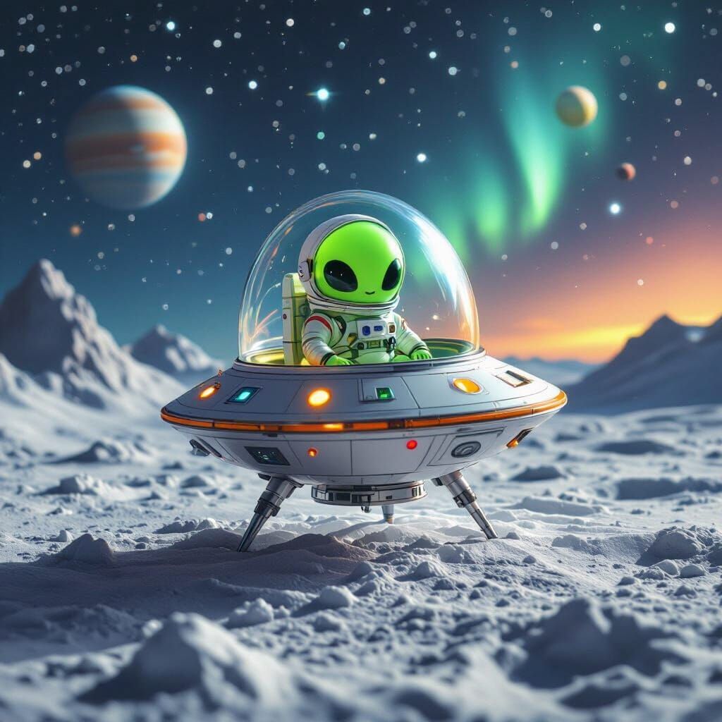 Neon Alien on Moon in Glass Spaceship, Hyperrealistic Digita...