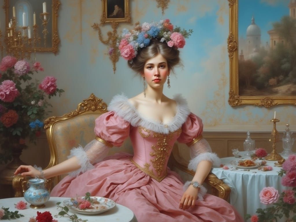 Rococo Girl with Blue Curls Having Tea