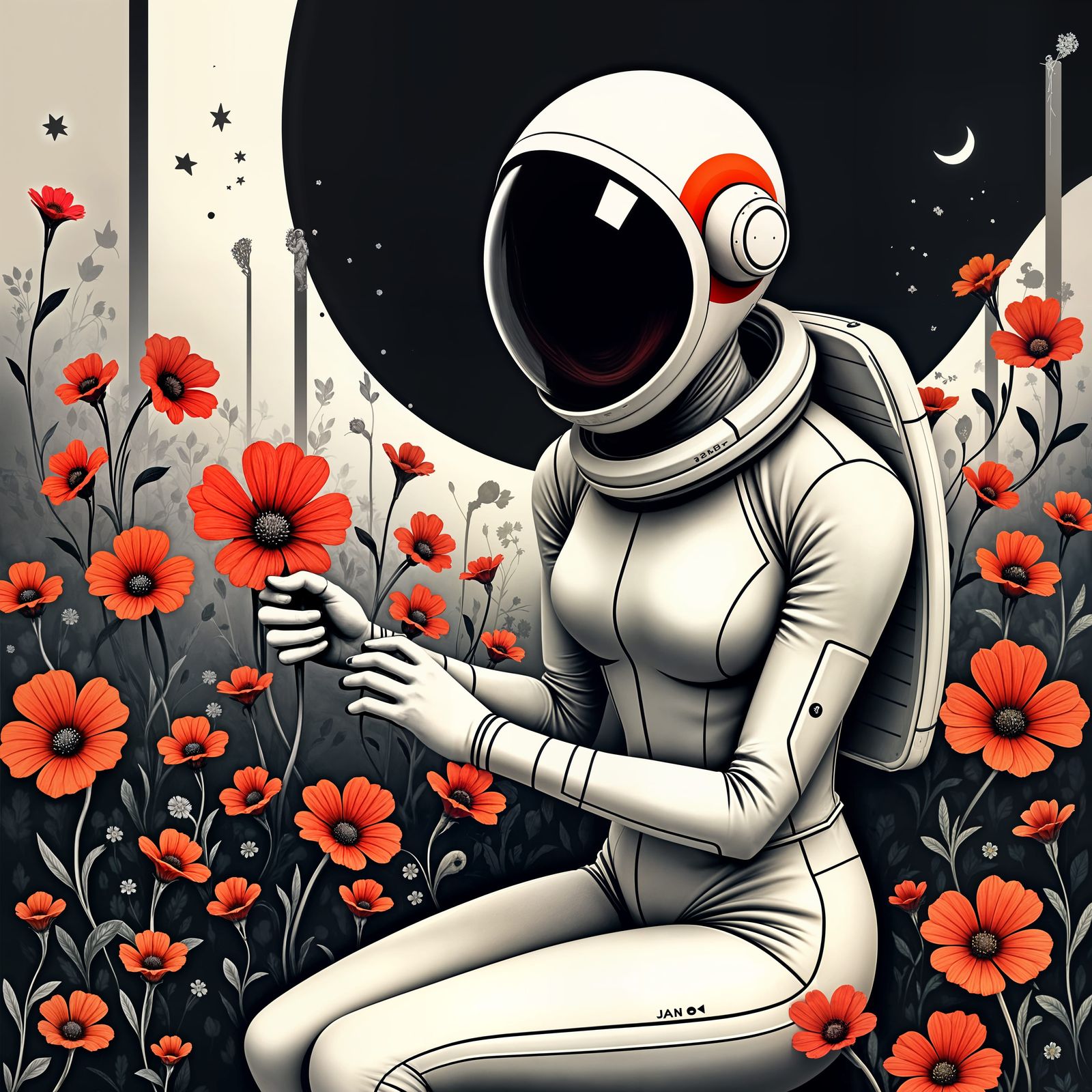 Woman in Spacesuit Picking Flowers, Vector Art